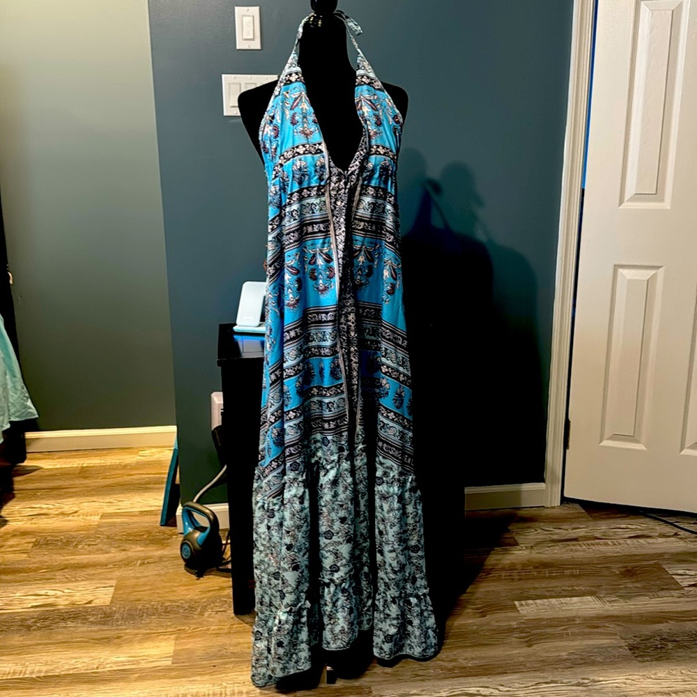 XL chic me boho dress - blue white tan and purple  - double tie